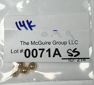 Three (3) 14KT Yellow Gold Bead Stud Earrings.  0.7 grams.