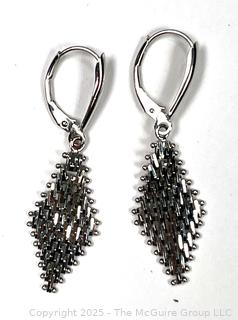 14KT White Gold Woven Mesh Diamond Shaped Dangle Earrings. 3.8 grams.