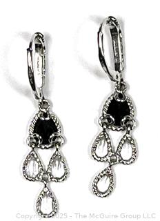 Onyx and Clear Gemstone Dangle Sterling Silver Earrings.