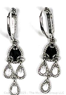 Onyx and Clear Gemstone Dangle Sterling Silver Earrings.