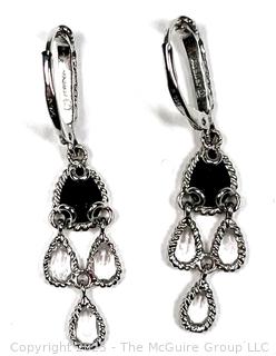 Onyx and Clear Gemstone Dangle Sterling Silver Earrings.