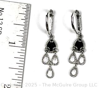 Onyx and Clear Gemstone Dangle Sterling Silver Earrings.