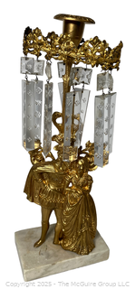 Mid 19th Century Gold Gilt Girandole Candlestick with Stone Base and Lustres. (Description Changed 5/2/25 @ 1:30pm) 
