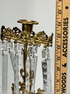 Mid-19th Century Gold Gilt Girandole Candlestick with Stone Base and Lustres. (Description Changed 5/2/25 @ 1:30pm)