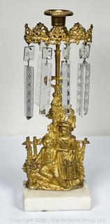 Mid 19th Century Gold Gilt Girandole Candlestick with Stone Base and Lustres. (Description Changed 5/2/25 @ 1:30pm) 