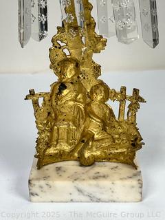 Mid 19th Century Gold Gilt Girandole Candlestick with Stone Base and Lustres. (Description Changed 5/2/25 @ 1:30pm) 