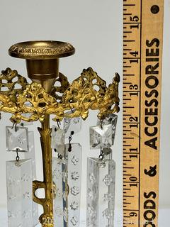 Mid 19th Century Gold Gilt Girandole Candlestick with Stone Base and Lustres. (Description Changed 5/2/25 @ 1:30pm) 