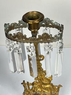 Mid 19th Century Gold Gilt Girandole Candlestick with Stone Base and Lustres. (Description Changed 5/2/25 @ 1:30pm) 