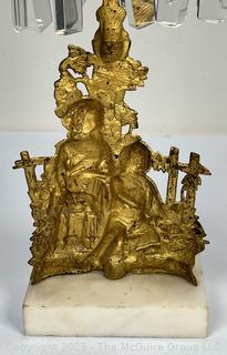 Mid 19th Century Gold Gilt Girandole Candlestick with Stone Base and Lustres. (Description Changed 5/2/25 @ 1:30pm) 