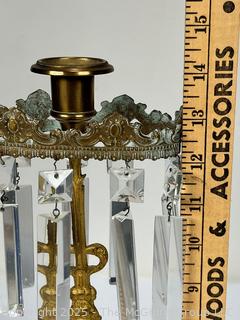 Mid 19th Century Gold Gilt Girandole Candlestick with Stone Base and Lustres. (Description Changed 5/2/25 @ 1:30pm) 
