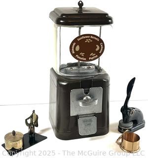 Desk stamp dispenser/scale; coin operated vending machine; and seal embossing stamper