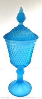Diamond Point Blue Frosted Glass Diamond Point Apothecary Jar with Lid by Indiana Glass, Footed Urn with lid 16"T