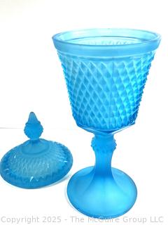 Diamond Point Blue Frosted Glass Diamond Point Apothecary Jar with Lid by Indiana Glass, Footed Urn with lid 16"T