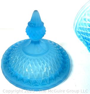 Diamond Point Blue Frosted Glass Diamond Point Apothecary Jar with Lid by Indiana Glass, Footed Urn with lid 16"T
