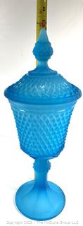 Diamond Point Blue Frosted Glass Diamond Point Apothecary Jar with Lid by Indiana Glass, Footed Urn with lid 16"T