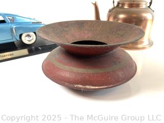 Odd Trio: Model Die Cast Car 1948 Tucker Torpedo. American; Spittoon; and Copper tea kettle w/ porcelain accents