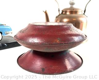 Odd Trio: Model Die Cast Car 1948 Tucker Torpedo. American; Spittoon; and Copper tea kettle w/ porcelain accents