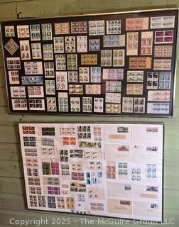 Two (2) Framed numismatic wall hangings of "block of four" US postage Stamps