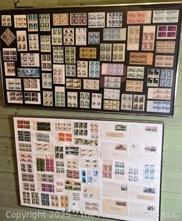 Two (2) Framed numismatic wall hangings of "block of four" US postage Stamps