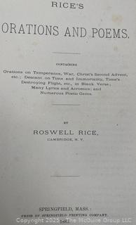 1883 ROSEWELL RICE'S ORATIONS AND POEMS HARDCOVER BOOK BY ROSWELL RICE