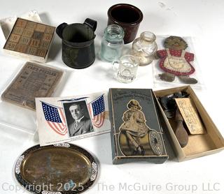 Group Including: Toy Blocks. Sewing Notions, Glass, Tin, Americana