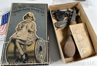 Group Including: Toy Blocks. Sewing Notions, Glass, Tin, Americana