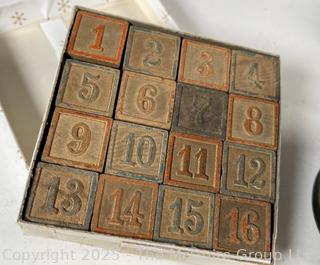 Group Including: Toy Blocks. Sewing Notions, Glass, Tin, Americana