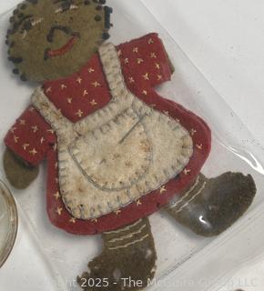 Group Including: Toy Blocks. Sewing Notions, Glass, Tin, Americana