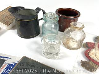 Group Including: Toy Blocks. Sewing Notions, Glass, Tin, Americana