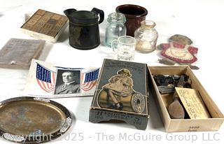 Group Including: Toy Blocks. Sewing Notions, Glass, Tin, Americana