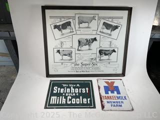 Framed Cow Breed Poster and Two (2) Dairy Signs - Steinhorst and Yankee Milk 