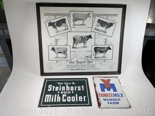 Framed Cow Breed Poster and Two (2) Dairy Signs - Steinhorst and Yankee Milk 