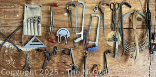 Grouping of Bench Tools Including Saws, Shears, Breaker Bar, Drawshave and Wood Templates