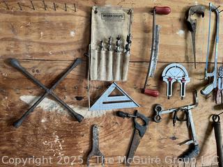 Grouping of Bench Tools Including Saws, Shears, Breaker Bar, Drawshave and Wood Templates