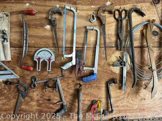 Grouping of Bench Tools Including Saws, Shears, Breaker Bar, Drawshave and Wood Templates