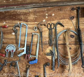 Grouping of Bench Tools Including Saws, Shears, Breaker Bar, Drawshave and Wood Templates