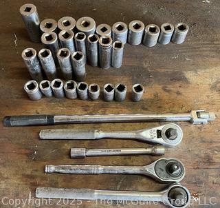 Grouping of Bench Tools Including Rachets and Sockets