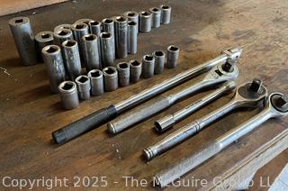Grouping of Bench Tools Including Rachets and Sockets