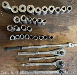 Grouping of Bench Tools Including Rachets and Sockets