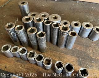 Grouping of Bench Tools Including Rachets and Sockets