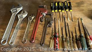 Grouping of Bench Tools Including Various Sized Adjustable Wrenches, Pipe Wrenches and Screwdrivers