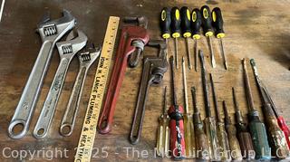 Grouping of Bench Tools Including Various Sized Adjustable Wrenches, Pipe Wrenches and Screwdrivers