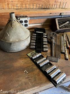 Grouping of Bench Tools Including Extension Cord, Sockets, Rachets, Funnel and Pipe Cutter 
