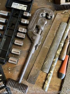 Grouping of Bench Tools Including Extension Cord, Sockets, Rachets, Funnel and Pipe Cutter 