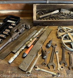 Grouping of Bench Tools Including Extension Cord, Sockets, Rachets, Funnel and Pipe Cutter 