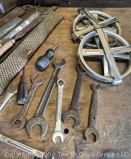 Grouping of Bench Tools Including Extension Cord, Sockets, Rachets, Funnel and Pipe Cutter 