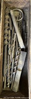 Grouping of Bench Tools Including Extension Cord, Sockets, Rachets, Funnel and Pipe Cutter 