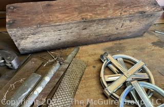 Grouping of Bench Tools Including Extension Cord, Sockets, Rachets, Funnel and Pipe Cutter 