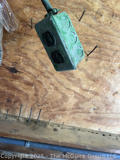 Grouping of Bench Tools Including Extension Cord, Sockets, Rachets, Funnel and Pipe Cutter 