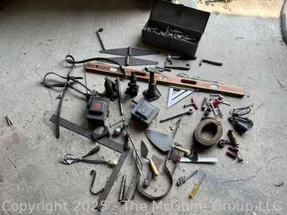 Farm Hardware Supplies and Hand Tools Including Steel Hinges, 48" Level and Electrical Boxes 